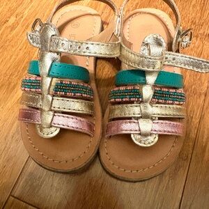 OKAIDI EUC Girls Metallic Gold Sandals with Teal and Pink Accents